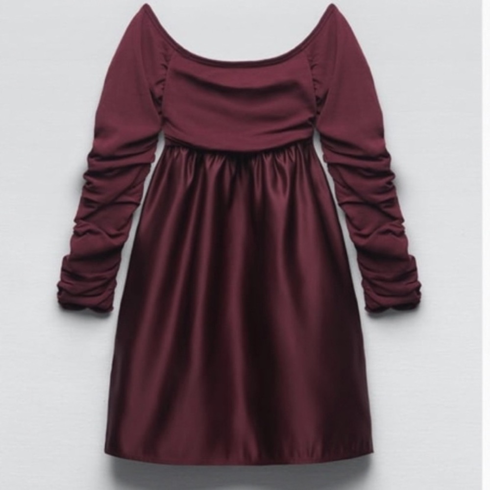 NWT•ZARA Combination Knit Mini Dress Small Burgundy Ruched Sleeve Off Shoulder